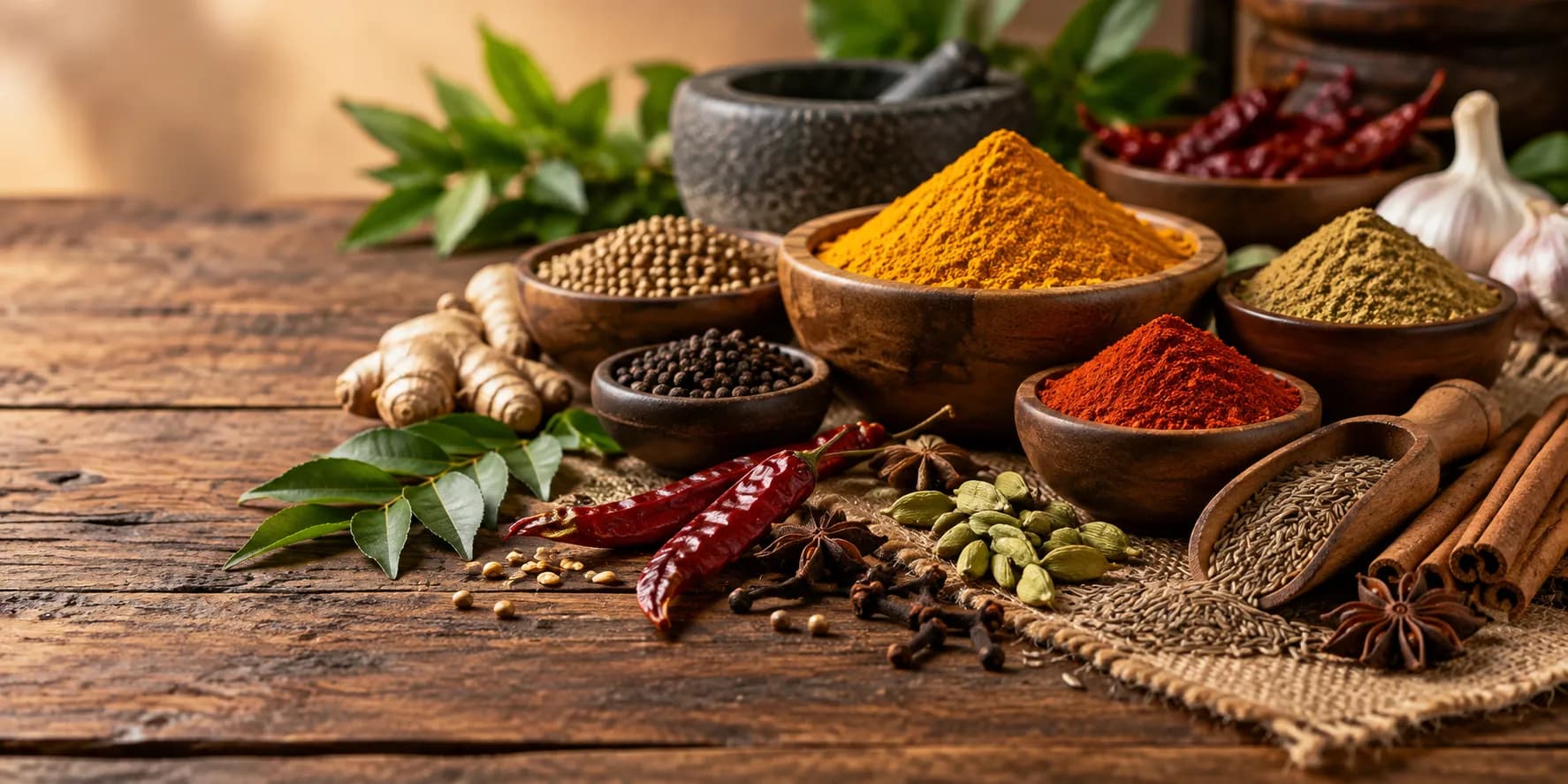 Aromatic Indian spices including turmeric, chilli, cumin, coriander and whole spices