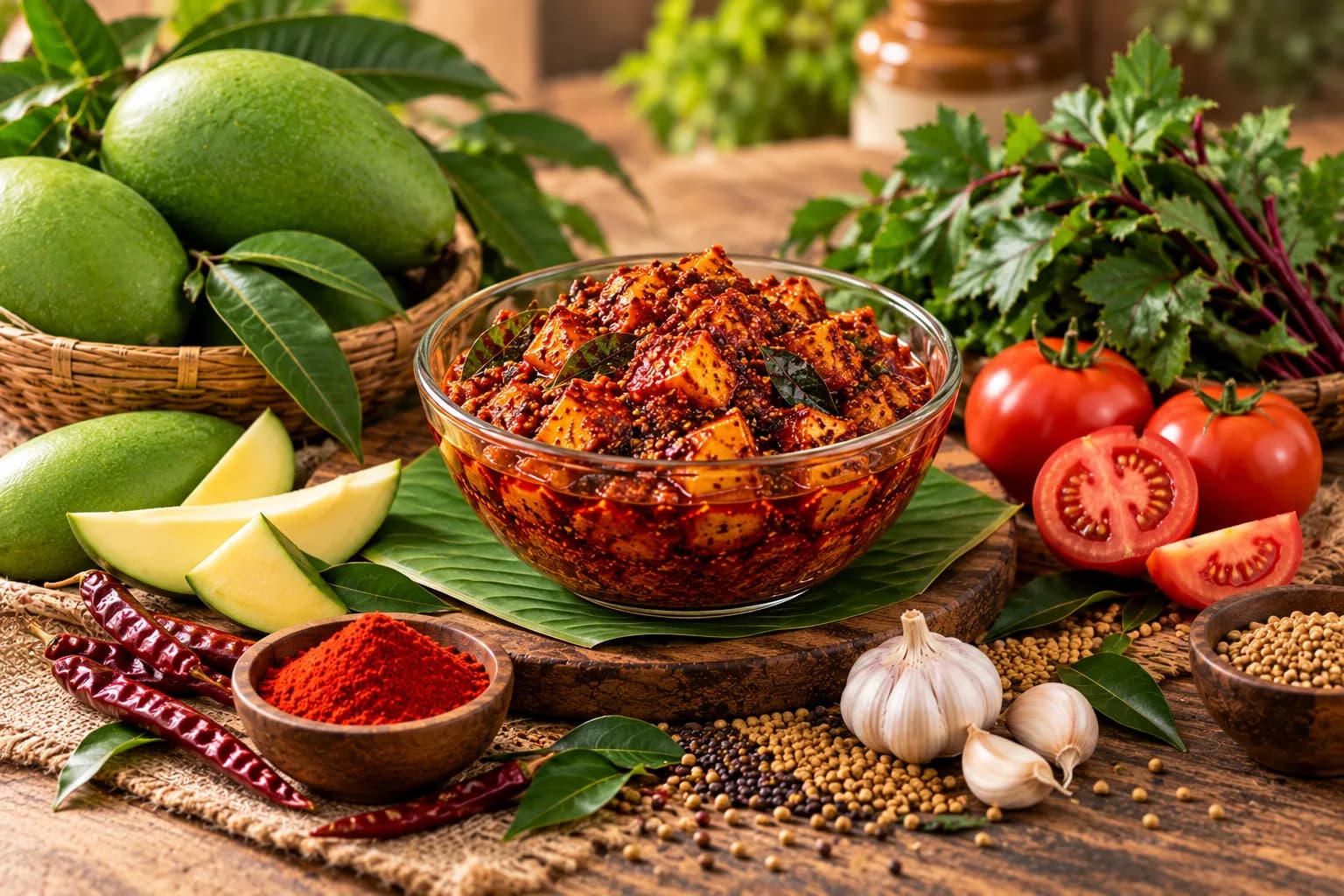 Traditional Indian pickle preparation and ingredients